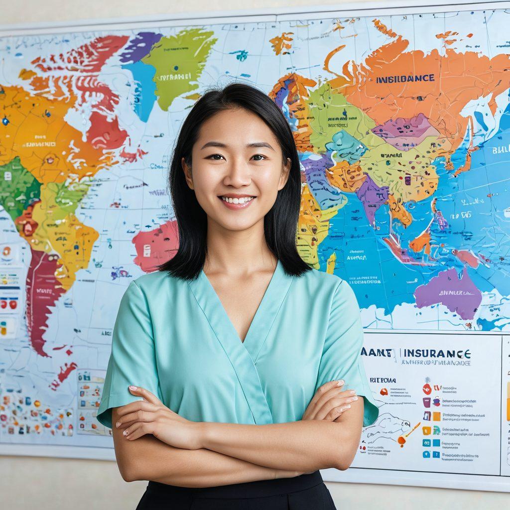 A friendly and knowledgeable guide, Aimeimei, standing confidently in front of a colorful map illustrating various insurance plans, with visual elements like icons representing health, auto, and home insurance. The scene encapsulates a bright, welcoming atmosphere, symbolizing ease and clarity in navigating complex insurance choices. Add engaging infographics floating around her to represent data and statistics. super-realistic. vibrant colors. white background.