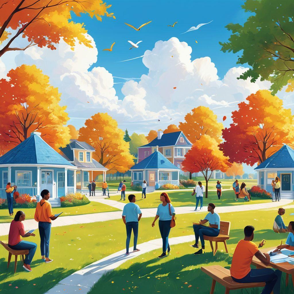 A serene scene depicting a diverse group of people joyfully discussing insurance options in a welcoming community setting, with illustrations of various insurance policies floating around them. Include elements of affordability and security, such as a large key symbolizing 'unlocking' coverage. The background should feature a bright blue sky and fluffy clouds, symbolizing trust and peace of mind. vibrant colors. vector art.