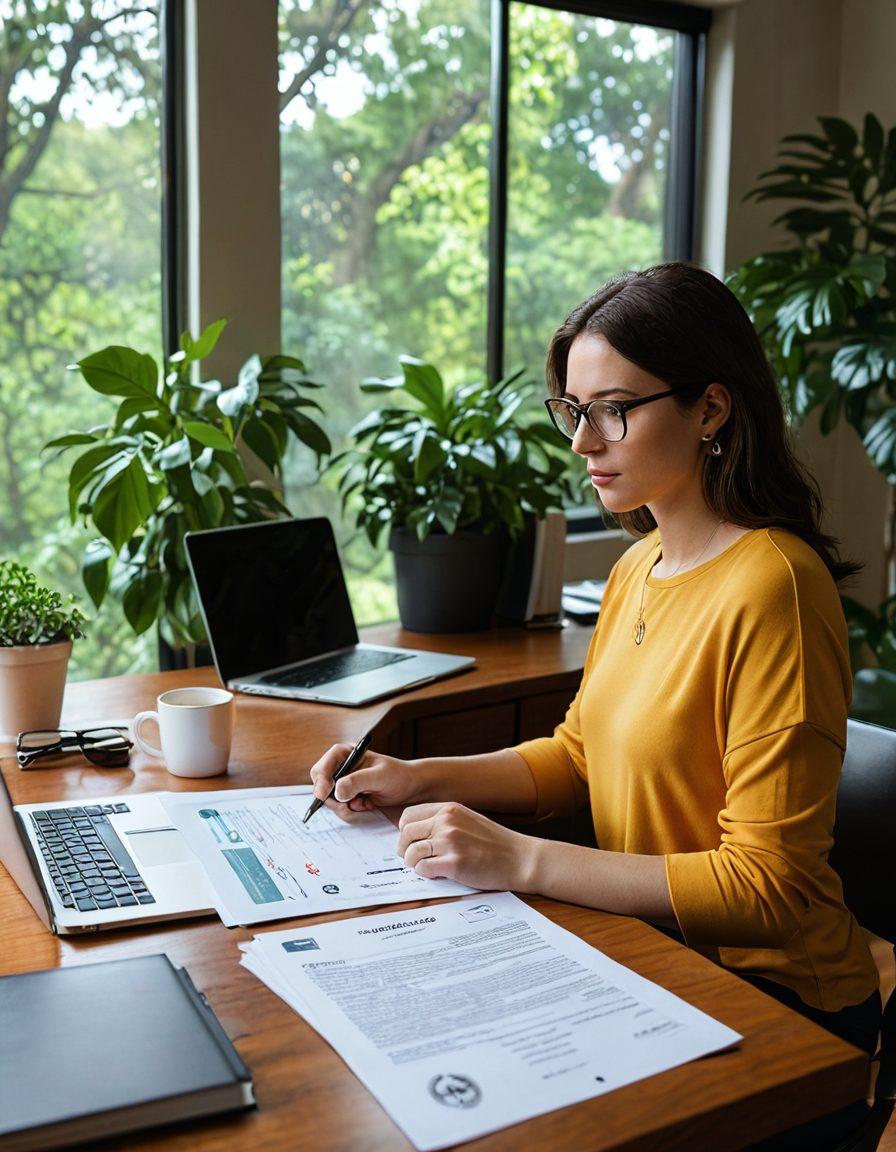 A visually engaging scene showcasing a person reviewing insurance documents at a cozy desk, with a laptop displaying a user-friendly insurance estimation tool. Include calming elements like a cup of coffee and a plant for a personalized touch, while a thought bubble symbolizes 'protection' with icons like a shield and a dollar sign. Use warm, inviting colors to create a sense of security and clarity. super-realistic. vibrant colors. cozy ambiance.